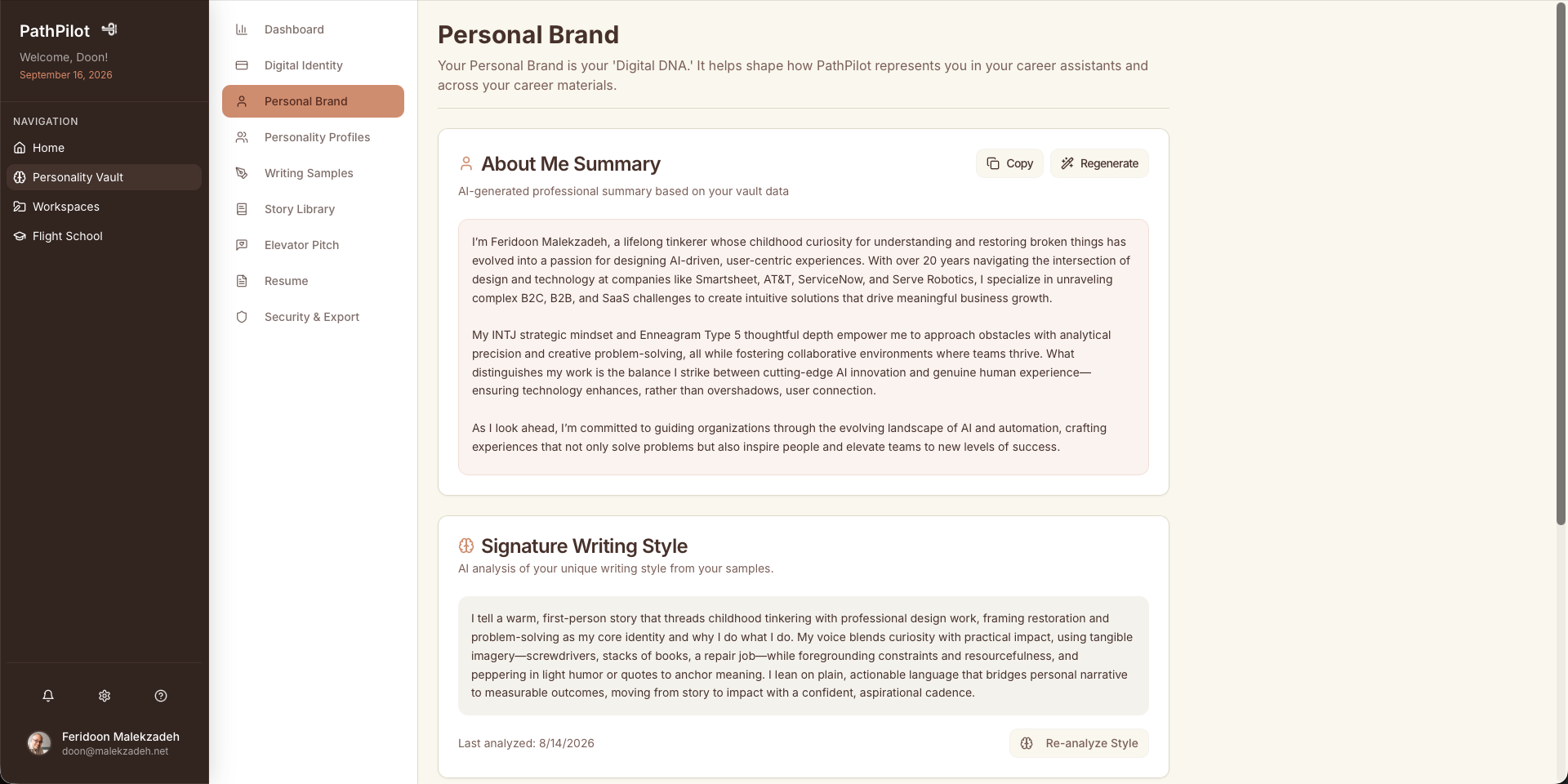 PathPilot Personality Vault — Personal Brand page with your About Me summary and signature writing style