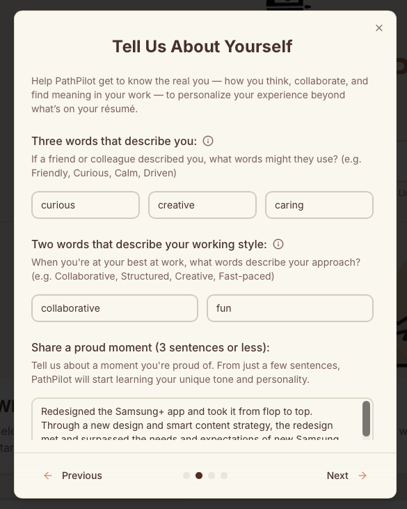PathPilot's welcome step asking for three words that describe you and two words for your working style