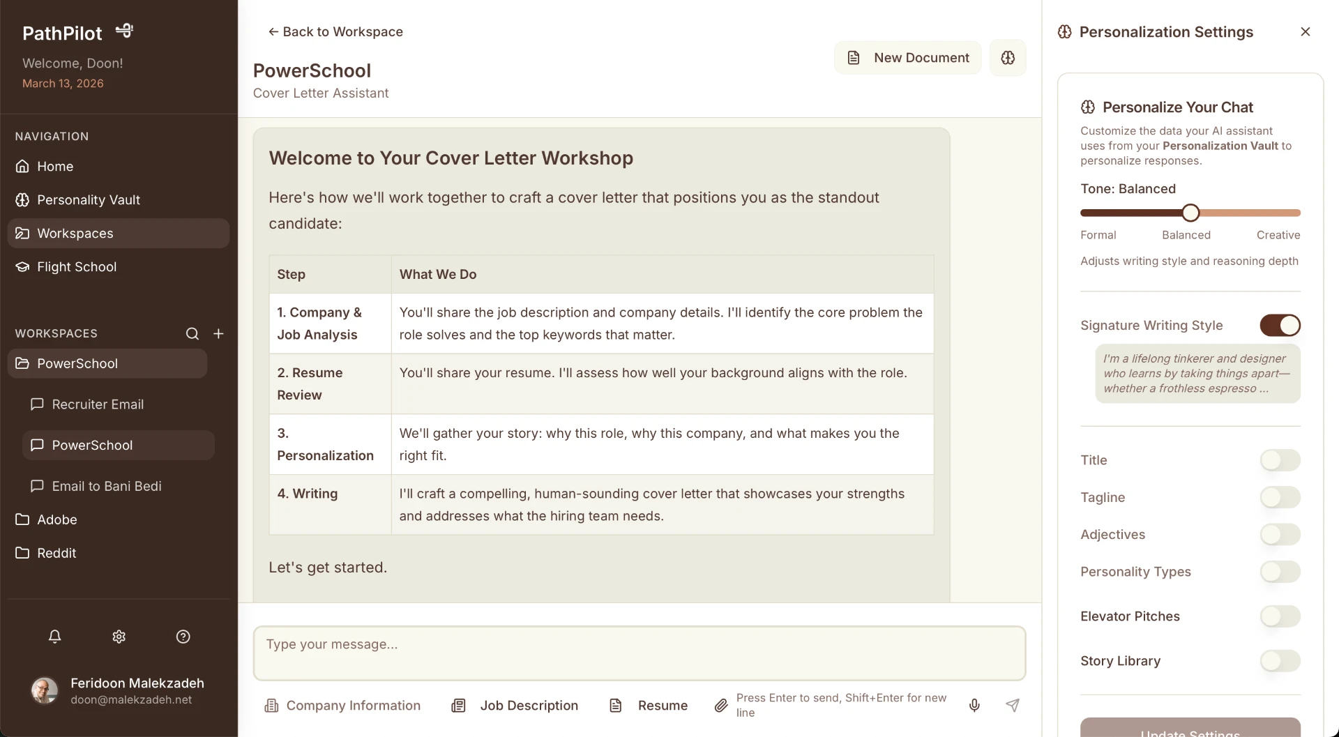 PathPilot guided cover letter workspace with personalization controls