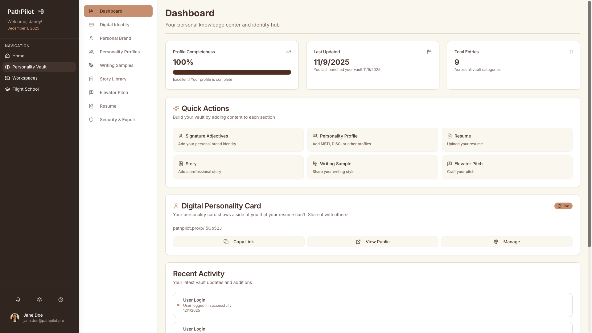 PathPilot Personality Vault holding reusable career stories and writing context
